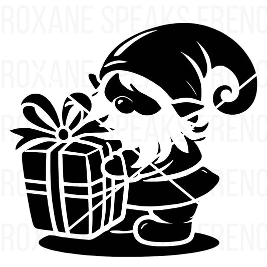 Black silhouette of a Christmas gnome holding a gift, perfect for holiday crafts, cards, and decorations.