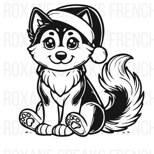 Cute Husky dog wearing a Santa hat, sitting with a friendly expression. The design is in a black-and-white outline, perfect for holiday-themed projects and coloring.