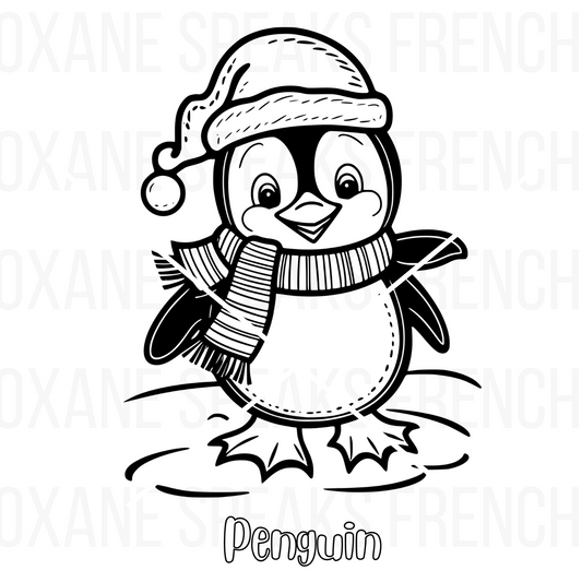 Christmas penguin coloring page featuring a cheerful penguin wearing a Santa hat and scarf, perfect for kids’ holiday crafts and festive coloring activities.