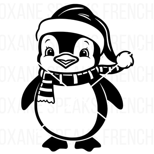 Christmas Penguin SVG PNG clipart featuring a cute penguin wearing a Santa hat and striped scarf, perfect for holiday crafts, cards, and digital projects.