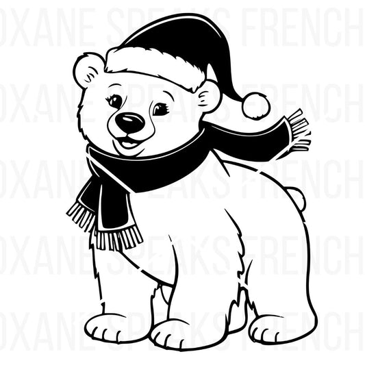 Illustration of a Christmas polar bear wearing a Santa hat and scarf, designed as a festive SVG and PNG clipart for DIY projects, perfect for Cricut and crafting.