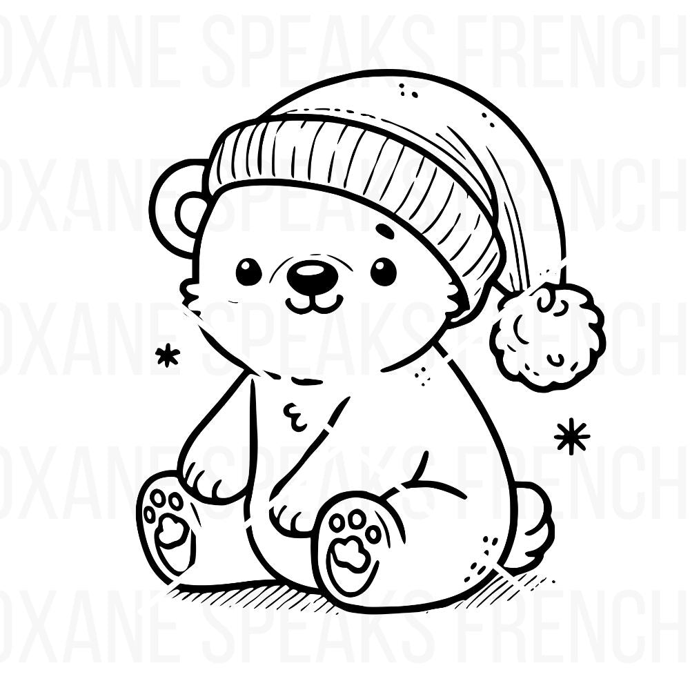 Cute polar bear wearing a Santa hat, sitting with a cozy expression in a hand-drawn outline style, perfect for Christmas crafts, holiday decor, and winter projects.