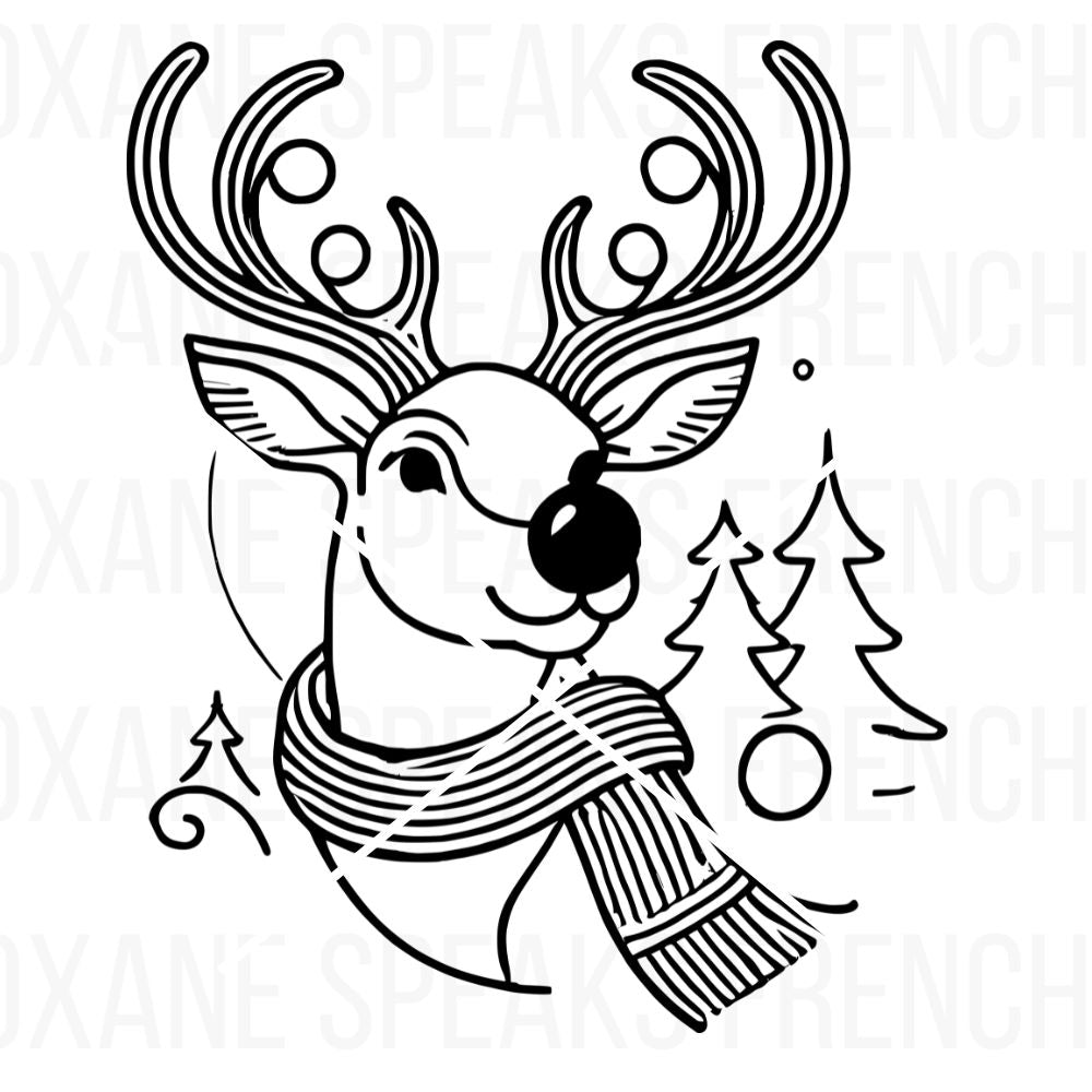 Festive illustration of a reindeer wearing a scarf with a decorated antler, surrounded by winter trees, perfect for Christmas crafts and holiday decor.