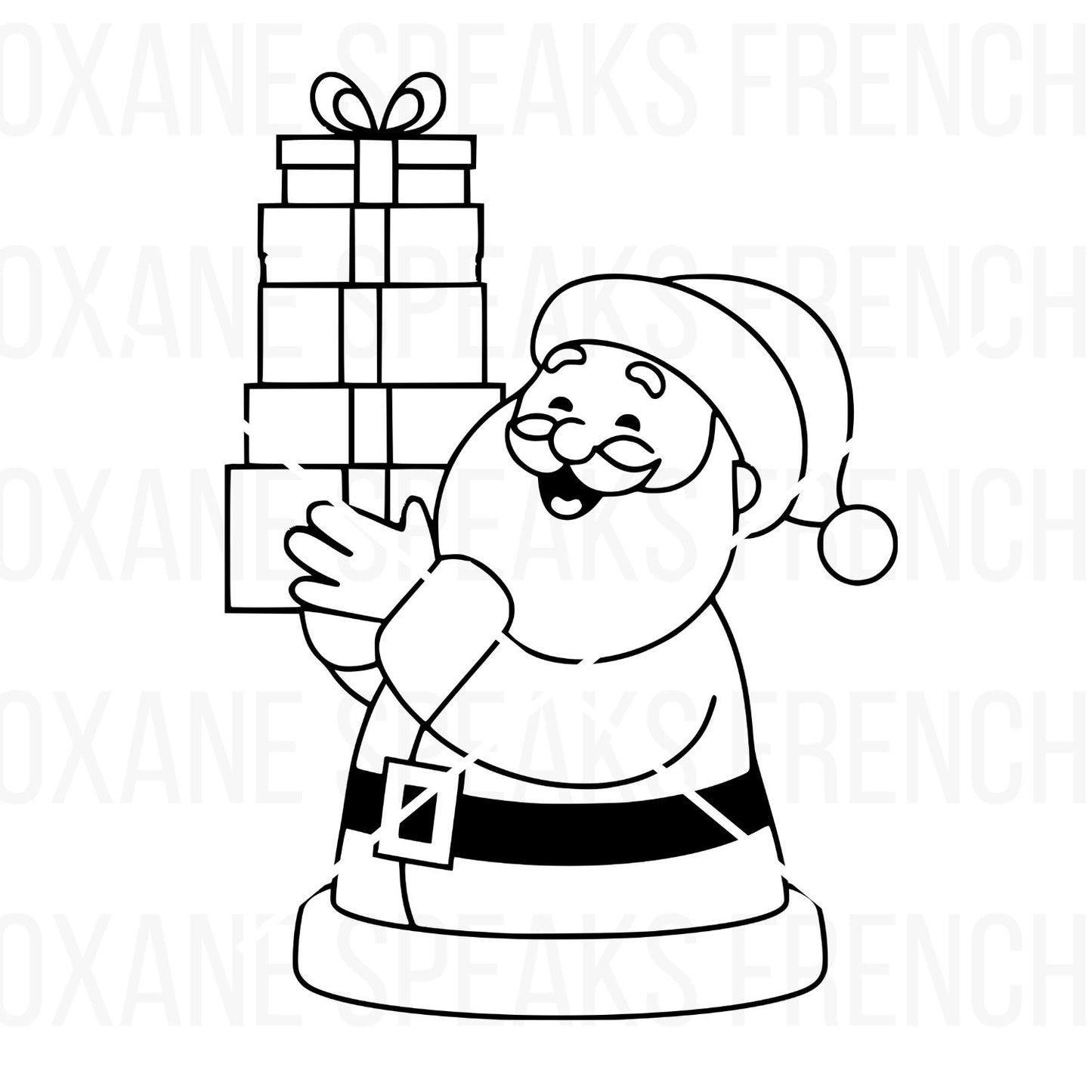 Black and white illustration of Santa Claus holding a stack of presents, perfect for Christmas crafts, cards, and holiday decorations in SVG and PNG formats.