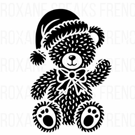 Black and white silhouette of a Christmas teddy bear wearing a Santa hat and bow, ideal for holiday crafts and Christmas decor