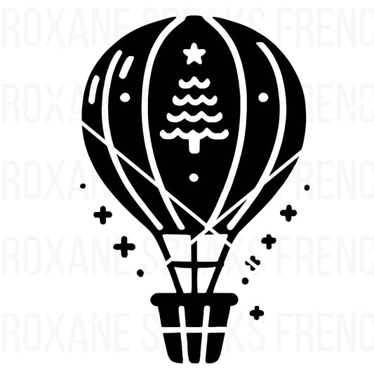 Festive black silhouette of a hot air balloon with a Christmas tree design and stars