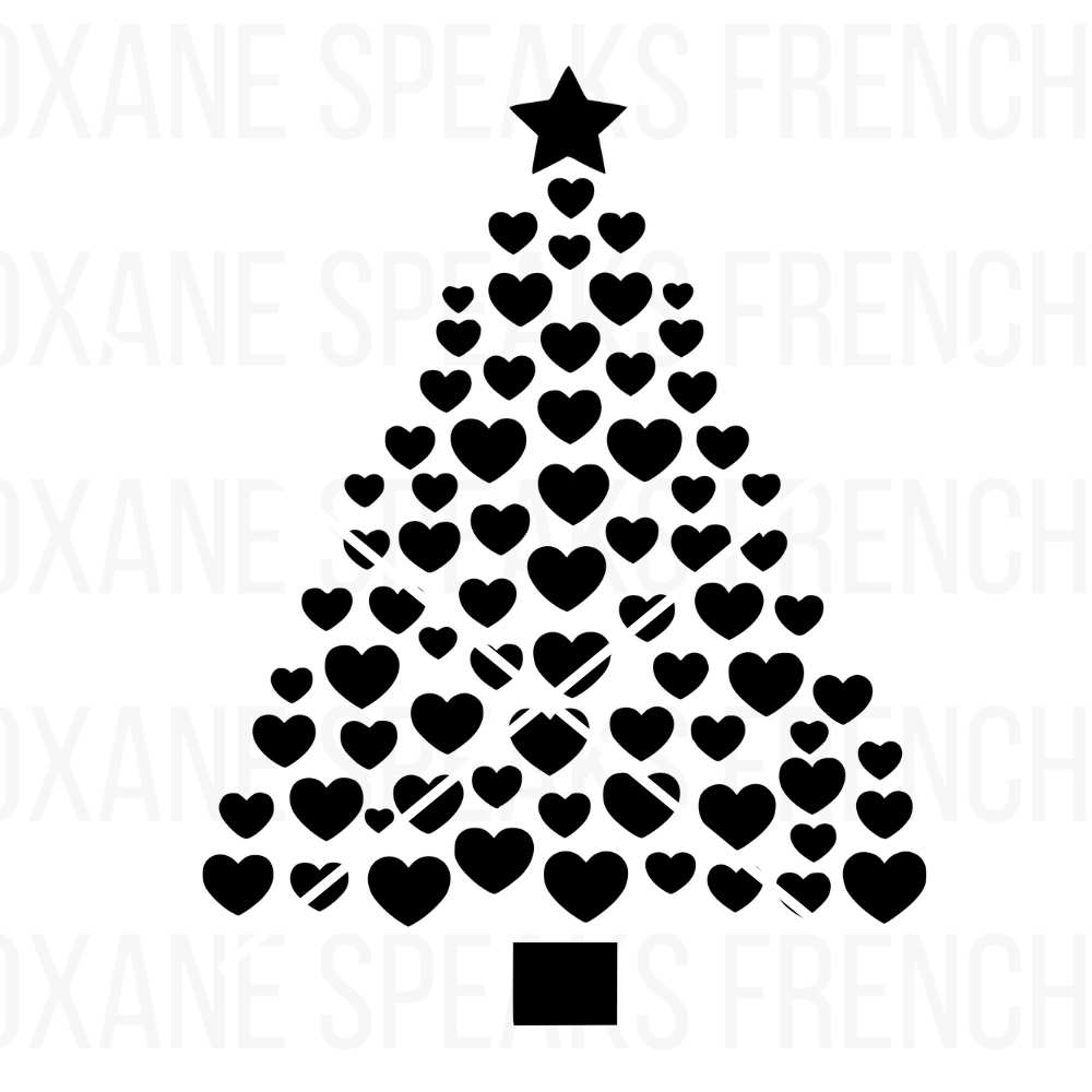 A heart-shaped Christmas tree silhouette design featuring bold black hearts arranged to form the shape of a festive tree. Perfect for holiday crafts, cards, and decorations.