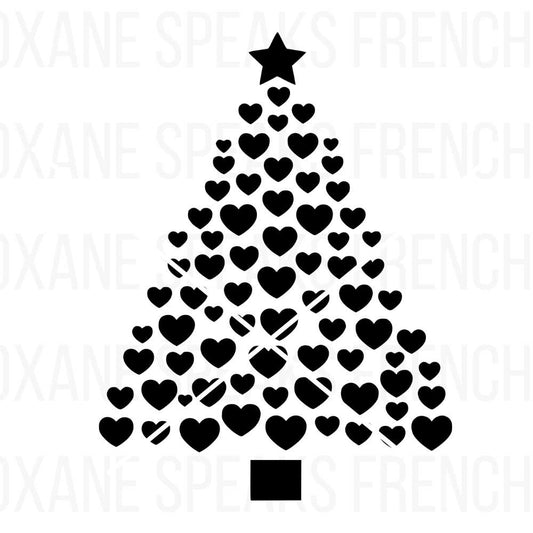 A heart-shaped Christmas tree silhouette design featuring bold black hearts arranged to form the shape of a festive tree. Perfect for holiday crafts, cards, and decorations.