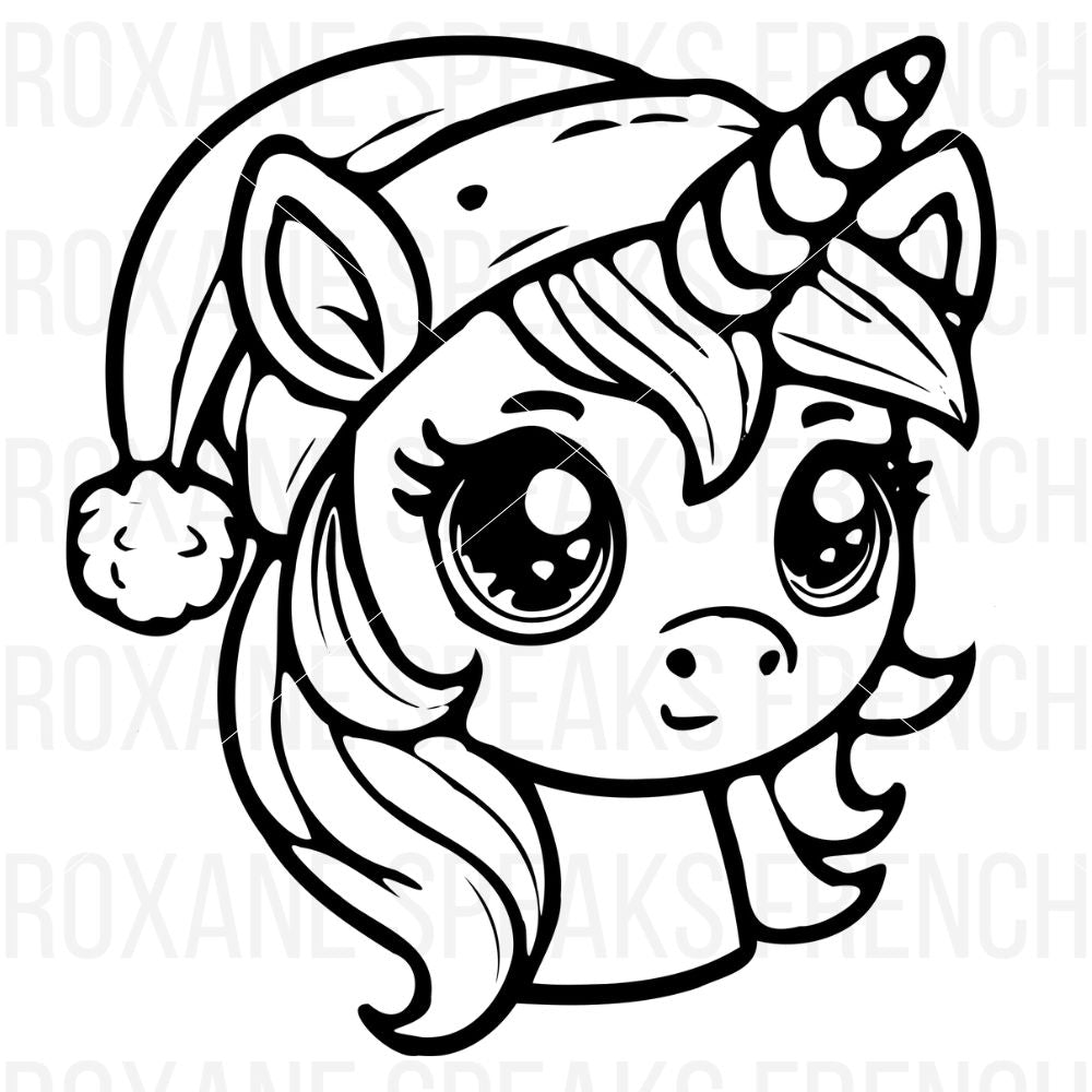 A cute black outline of a unicorn's face wearing a Santa hat, featuring large expressive eyes, perfect for Christmas-themed Cricut projects.