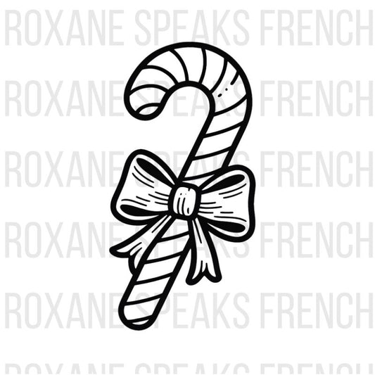 Candy cane coloring page featuring classic red and white striped Christmas candy with festive bow - printable holiday treat line art design for all ages