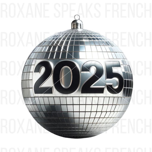 Silver disco ball ornament with bold black 2025 numbers, perfect for New Year's Eve celebrations and holiday decor