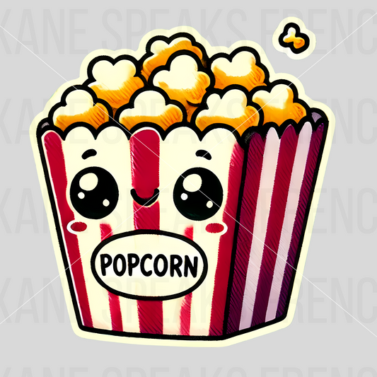 A cute, classic popcorn bucket in kawaii style with a smiling face. The bucket features red and white stripes, with yellow popcorn spilling over the top.