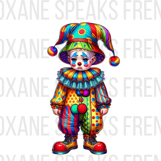 Colorful and detailed illustration of a sad clown wearing a vibrant, patterned outfit with a jester hat, available as a high-resolution PNG file.