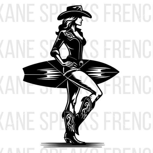 Coastal Cowgirl With Surfboard Black Silhouette SVG For DIY and Cricut Projects