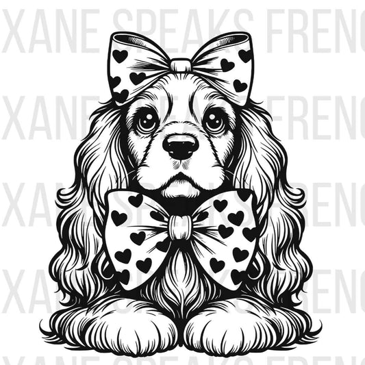 Black and white illustration of a cocker spaniel dog with long, flowing fur, wearing a bow with heart patterns on its head and another around its neck. The image is available in SVG and PNG formats.