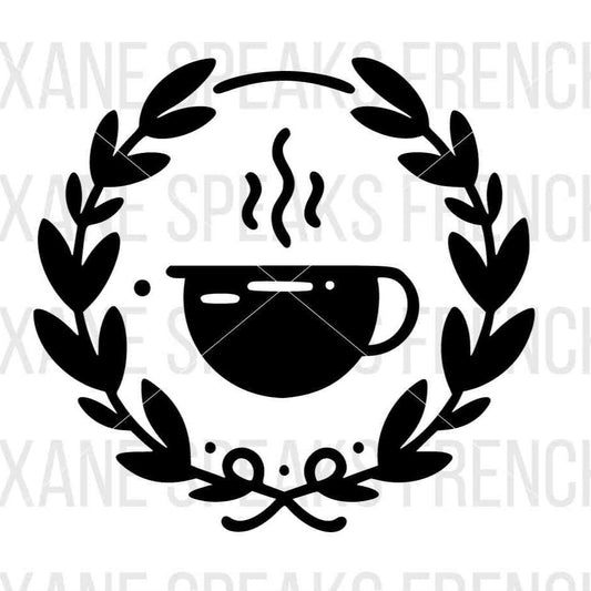 Minimalist coffee cup inside an elegant wreath, available as an SVG and PNG file for crafting and DIY projects