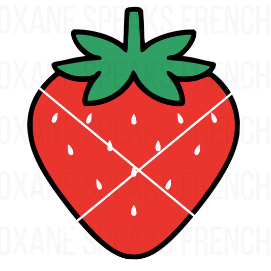 Vibrant red strawberry with green leaves in a colorful SVG and PNG design, perfect for Cricut and Silhouette crafts, summer party decorations, kids’ projects, scrapbooking, and digital artwork