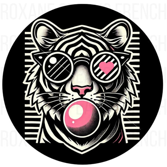 Retro-style tiger illustration featuring sunglasses, a heart reflection, and pink bubblegum, set against a black background with bold graphic lines.