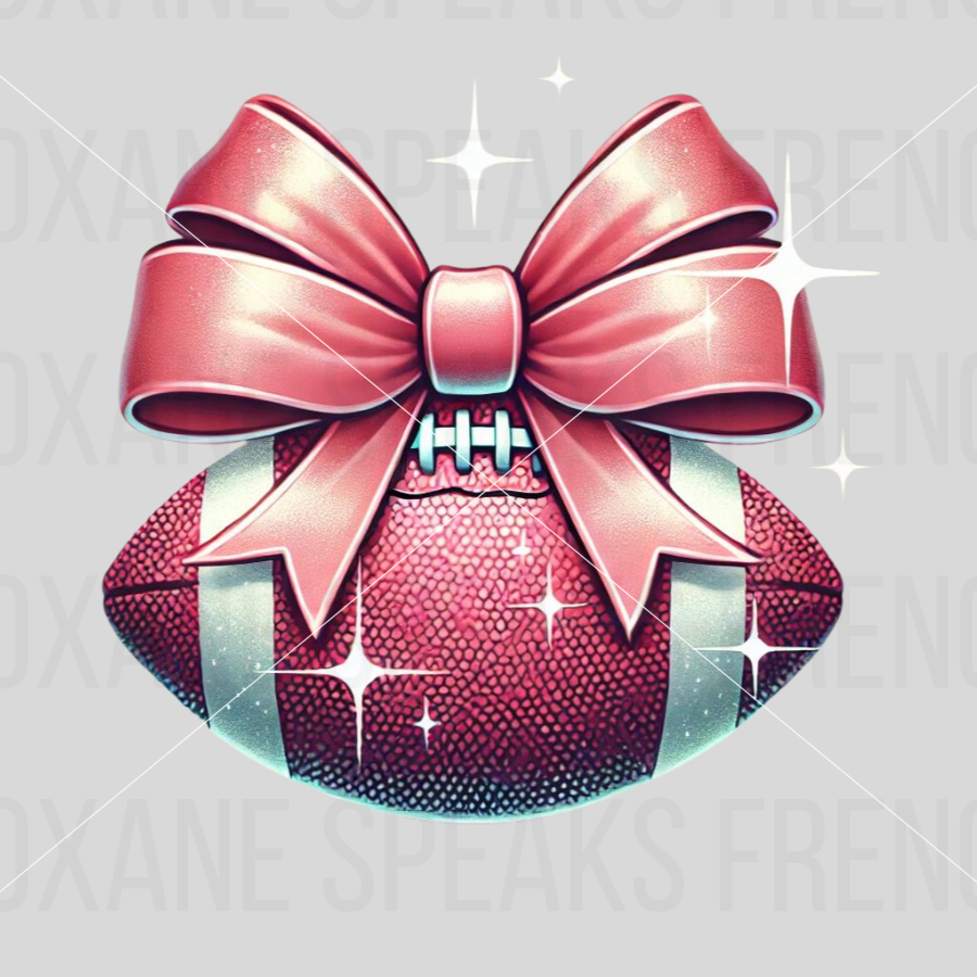 Retro-style coquette American football wrapped in a glittery pink bow, with elegant sparkling accents, perfect for print-on-demand designs