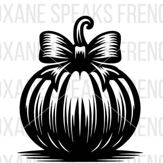 An elegant pumpkin with a stylish bow on top, featuring detailed and clean lines in a high-quality vector design. Ideal for sophisticated autumn and Halloween-themed projects