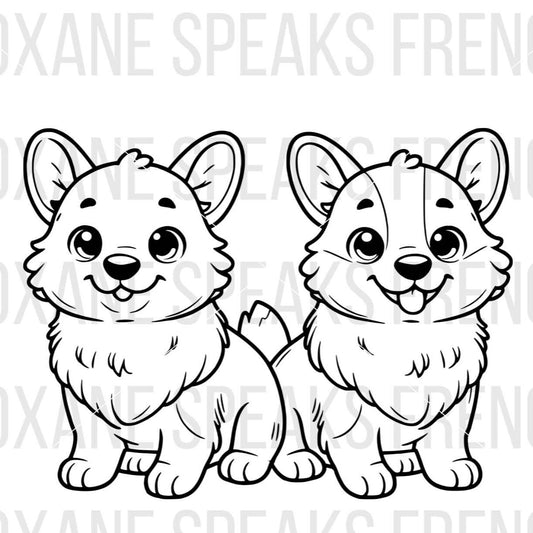 Two cute corgi dogs outline