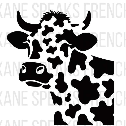 A black and white cow head with distinctive spots, perfect for crafts and DIY projects, on a white background.