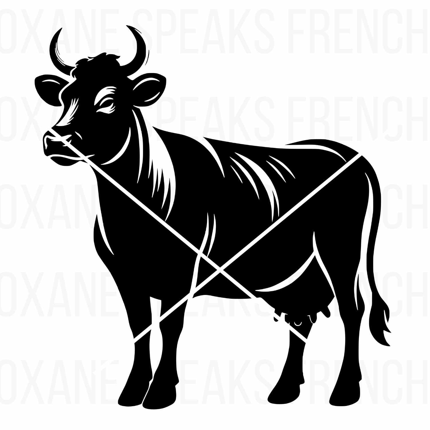 Black silhouette of a cow with sharp details, ideal for SVG and PNG crafting projects such as farm decor, rustic branding, t-shirts, and tote bags.