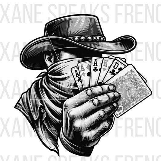 Black and white illustration of a masked cowboy holding a winning poker hand, featuring aces and kings, available as a high-resolution PNG file.