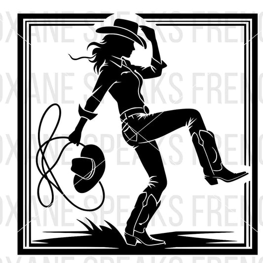 Black and white silhouette of a detailed cowgirl. The design is inside a black frame.