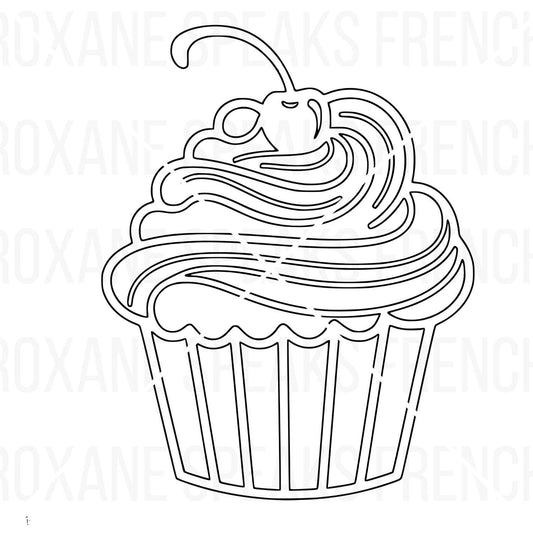 Black and white cupcake SVG vector file with detailed frosting and a neat base, perfect for laser cutting and crafting projects.