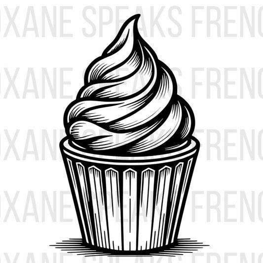 Black and white detailed illustration of a cupcake with swirled frosting in a ribbed cupcake liner. The image has a woodcut style, featuring fine lines and shading.