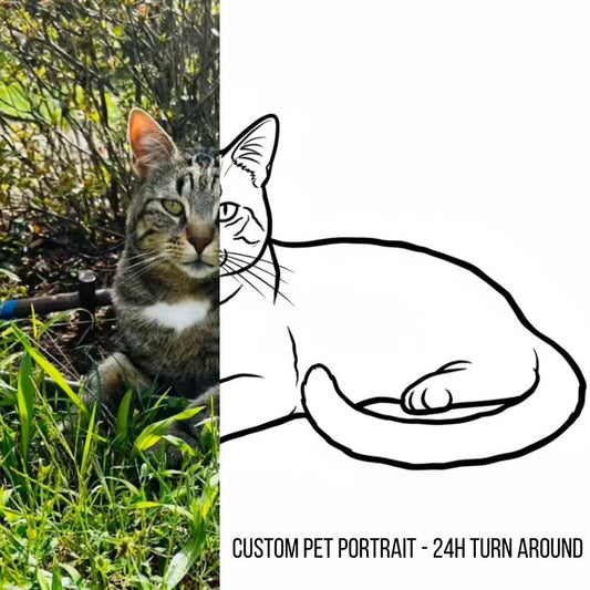 Custom pet portrait coloring page converted from personal pet photograph into hand-drawn line art—professional 300 DPI printable design featuring dog, cat, or any beloved pet, suitable for creative coloring activities or frameable wall art display.