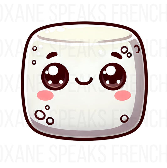 Cute kawaii marshmallow with large, sparkling eyes, a small smile, and rosy cheeks, drawn in a soft, rounded style. Perfect for adding a touch of sweetness to designs, crafts, and digital projects.