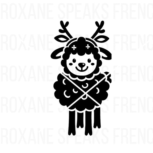 Black silhouette of a cute baby Christmas lamb wearing reindeer antlers, perfect for holiday-themed crafts and decorations.