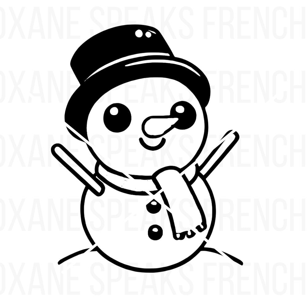 Adorable snowman SVG and PNG clipart with a cartoon snowman wearing a top hat, scarf, and cheerful smile, perfect for Christmas crafts, winter printables, holiday decor, kids coloring, and DIY projects. Ideal for festive scrapbooking, gift tags, and seasonal decorations.