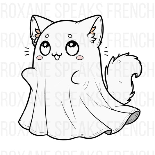 A cute illustration of a cat dressed as a ghost, featuring large expressive eyes and a playful demeanor, perfect for Halloween-themed Cricut projects.