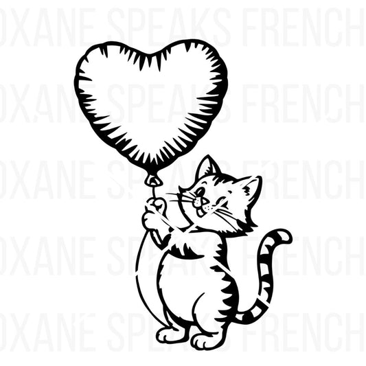 Cute cat holding a heart-shaped balloon coloring page, perfect for Valentine’s Day, kids' crafts, and cat lovers of all ages.