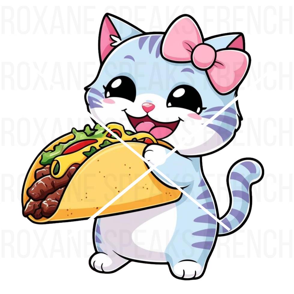 Kawaii-style clipart of a cute cat with a pink bow eating a taco, ideal for t-shirt designs and taco-themed projects.