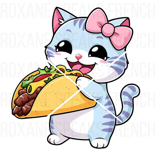 Kawaii-style clipart of a cute cat with a pink bow eating a taco, ideal for t-shirt designs and taco-themed projects.