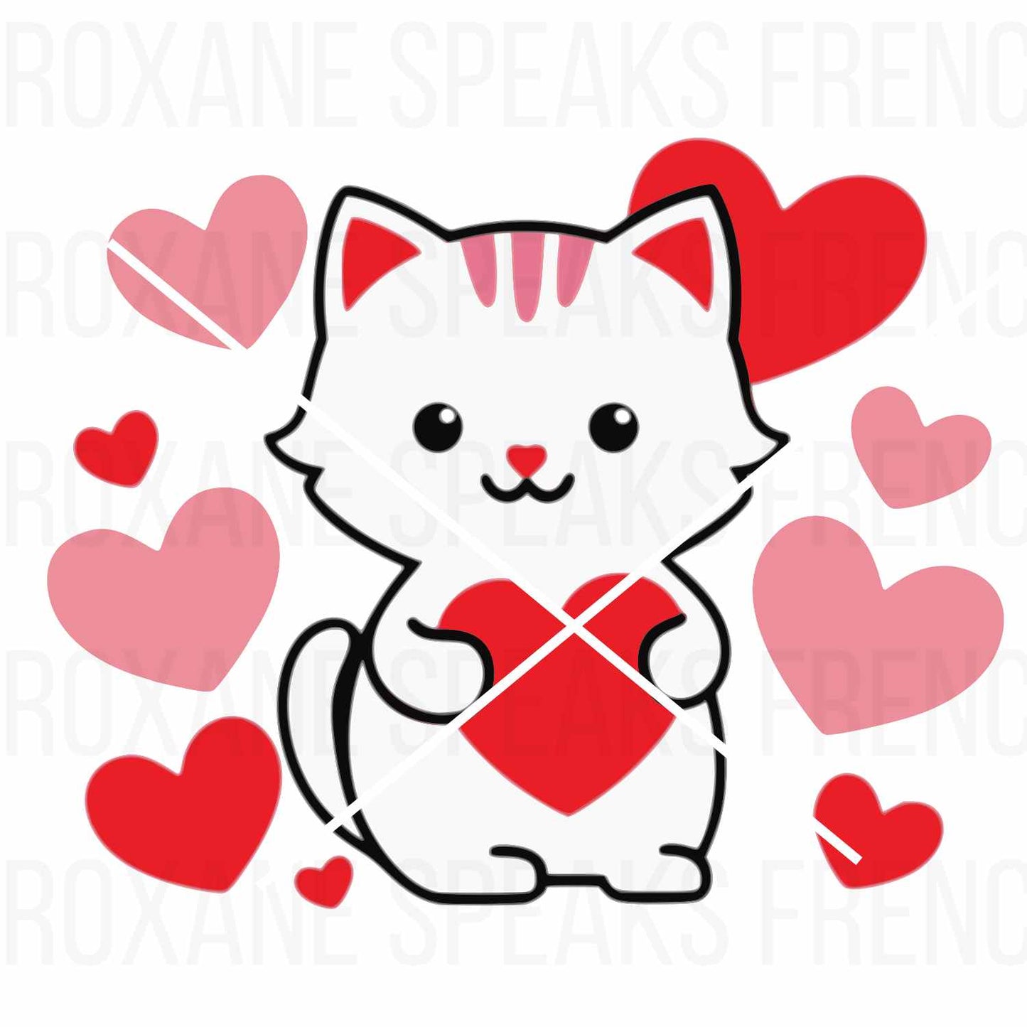 Cute Valentine cat illustration holding a red heart, surrounded by pink and red hearts, perfect for Valentine's Day and love-themed designs.