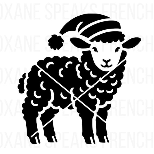 Adorable black sheep SVG clipart featuring a baby lamb wearing a Santa hat, perfect for Christmas crafts, holiday decor, farmhouse DIY projects, vinyl cutting, greeting cards, scrapbooking, and festive printables. Adds a charming, rustic touch to seasonal designs and farmhouse-style decor.