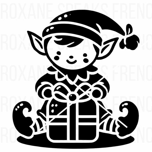 Cute Elf Wrapping Present Black Silhouette SVG | Christmas Elf Clipart for Holiday Crafts