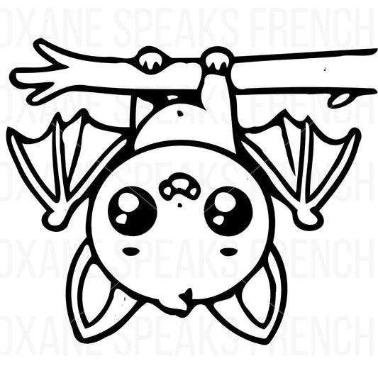 Black and white kawaii-style outline illustration of a cute bat hanging upside down from a branch, with large eyes and a sweet expression, perfect for Halloween and spooky-themed projects