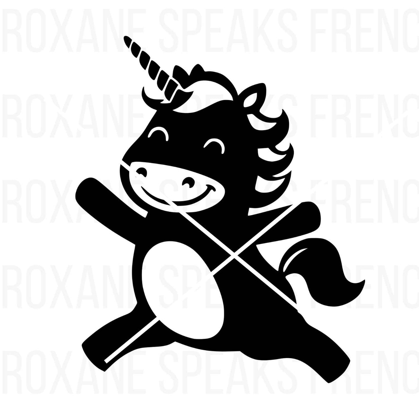 Black silhouette of a cute, jumping unicorn with a big smile, perfect for crafts and DIY projects