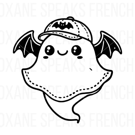 Black and white kawaii-style ghost illustration with a smiley face, bat wings, and a baseball cap featuring a bat emblem, perfect for cute and spooky Halloween crafts.