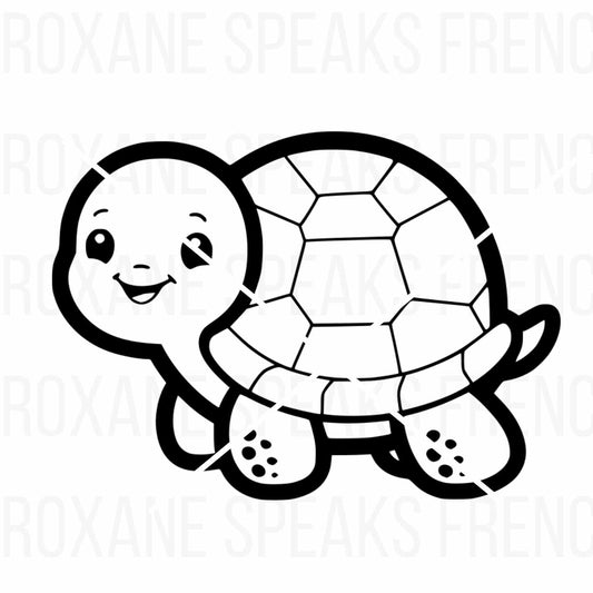 Adorable kawaii-style turtle outline with a smiling face and simple, bold lines, perfect for kids' crafts, nursery decor, and DIY projects