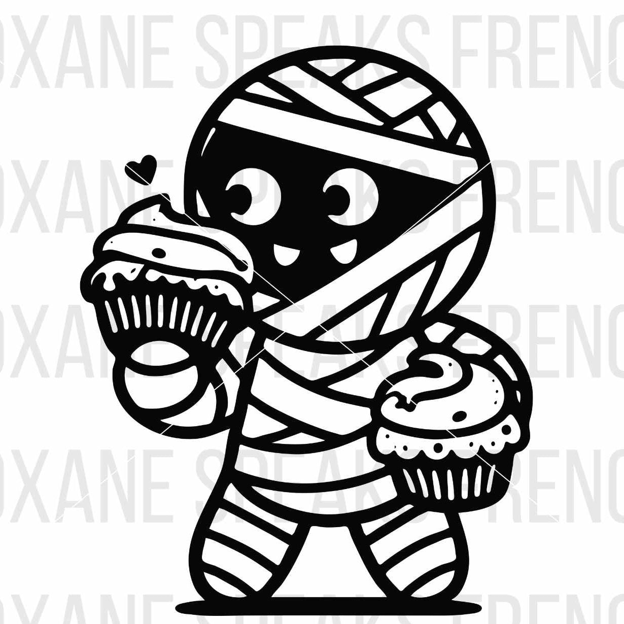 Adorable illustration of a mummy holding two decorated cupcakes, perfect for Halloween crafts and decorations, available as an SVG and PNG file from Roxane Speaks French