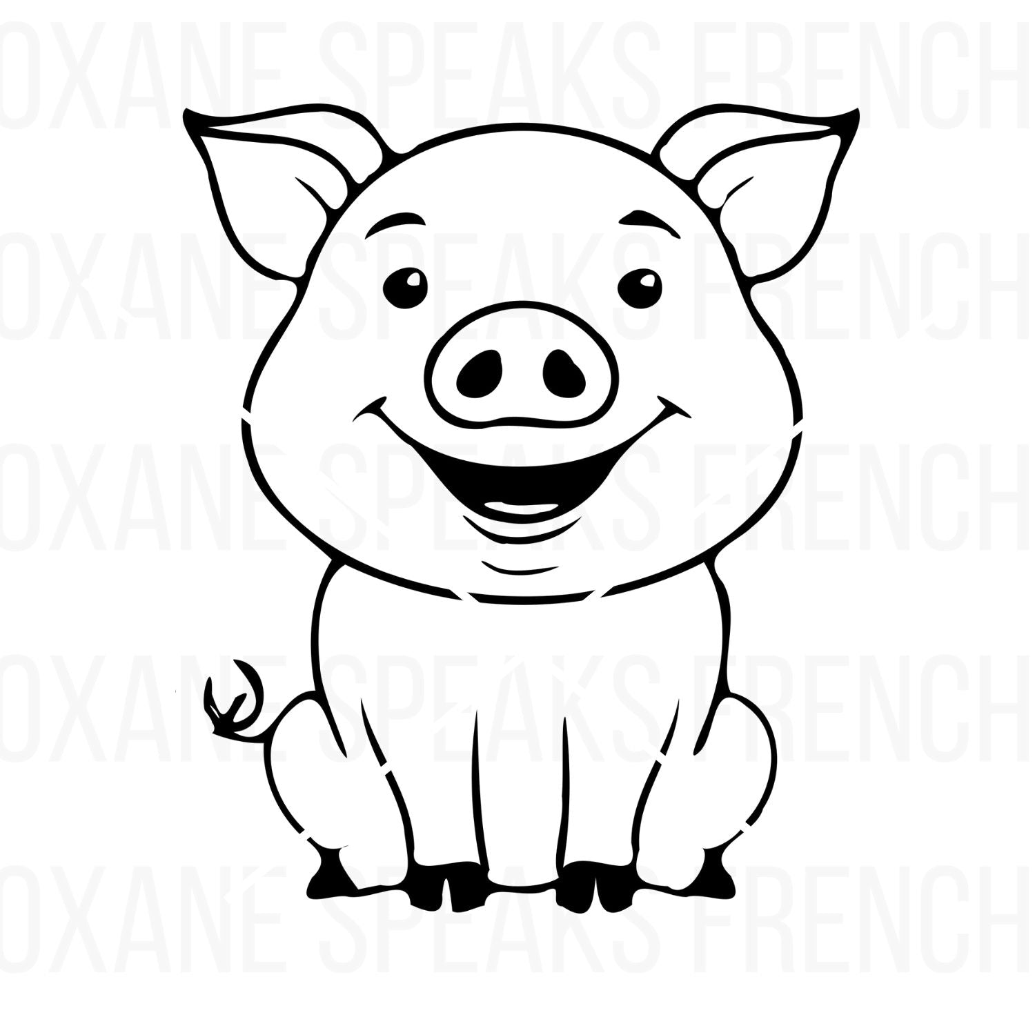 Adorable Cute Pig SVG PNG Clipart featuring a smiling cartoon pig with a curly tail and bold outlines, perfect for crafting, DIY projects, and Cricut designs