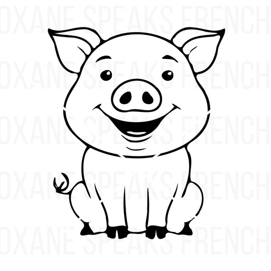 Adorable Cute Pig SVG PNG Clipart featuring a smiling cartoon pig with a curly tail and bold outlines, perfect for crafting, DIY projects, and Cricut designs