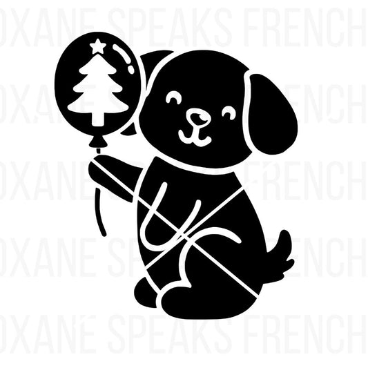 Adorable black silhouette SVG of a puppy holding a Christmas balloon with a tree design, perfect for holiday crafts, Christmas decorations, DIY vinyl projects, greeting cards, festive printables, and seasonal decor. Adds a charming holiday touch to your creative projects.